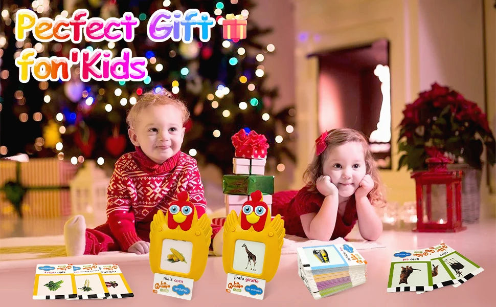 A set of bilingual talking flash cards for toddlers featuring English and Spanish sight words.