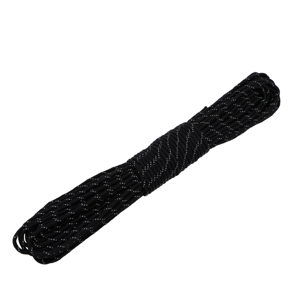 Black reflective paracord rope used for outdoor utility and binding purposes