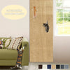 A beige self-adhesive cat scratching mat protector is shown on a wall, with a cat visible on the mat and a sofa nearby.