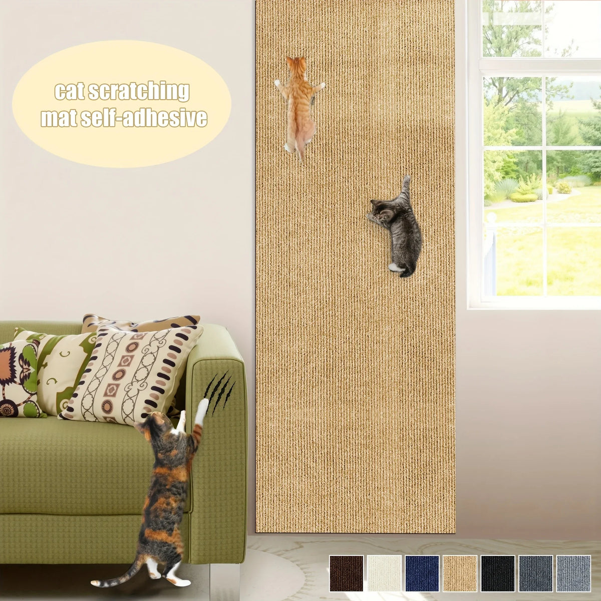 A beige self-adhesive cat scratching mat protector is shown on a wall, with a cat visible on the mat and a sofa nearby.