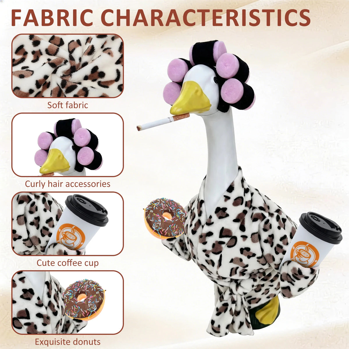 A white goose costume outfit featuring leopard print fabric, curly hair accessories, a coffee cup, and donuts.