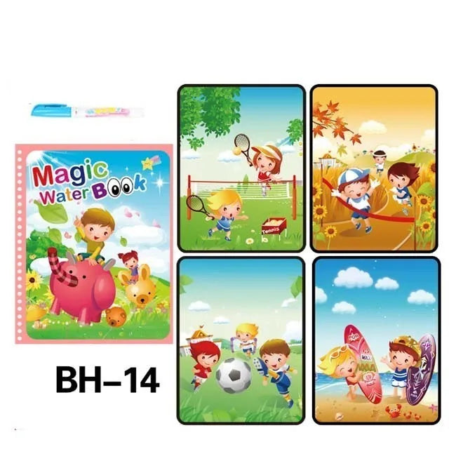 A set of 14 pages of a Magic Water Book for kids featuring various illustrations and activities.