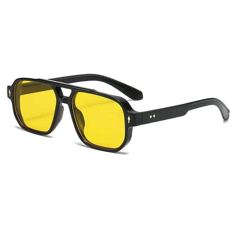 A pair of black retro double-bridge square sunglasses with bright yellow lenses.