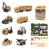 A set of six die-cast construction truck toys including an excavator, loader, and tractor models.