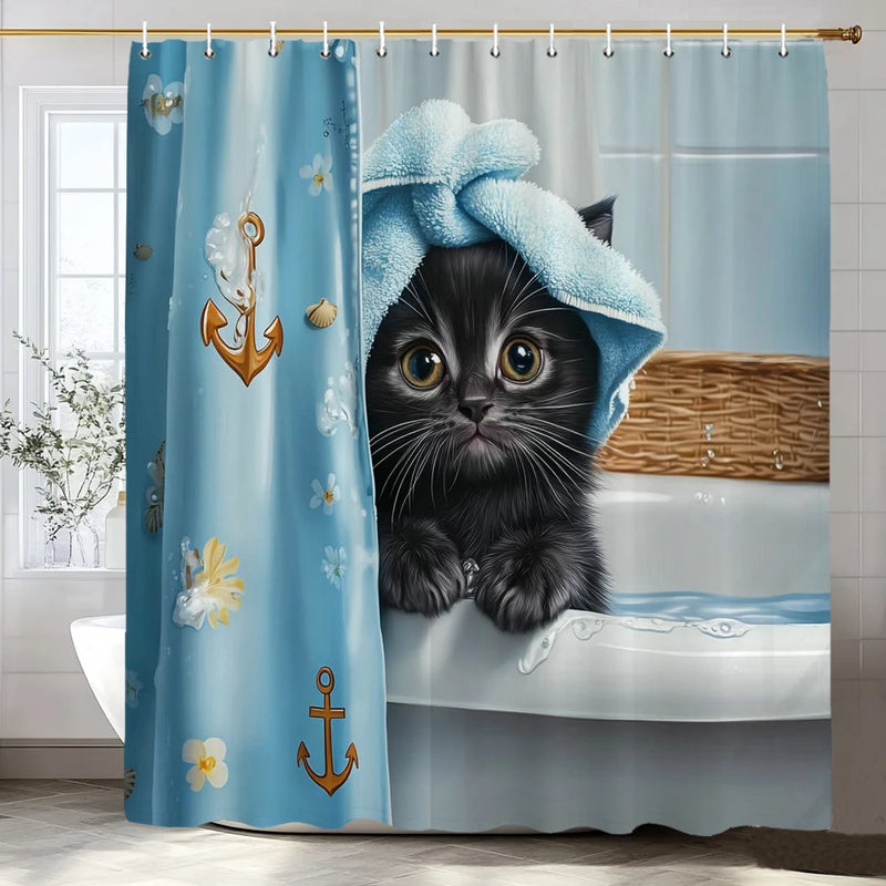 Niedlicher Seemann-Katzen-Duschvorhang mit Hai-Reiter