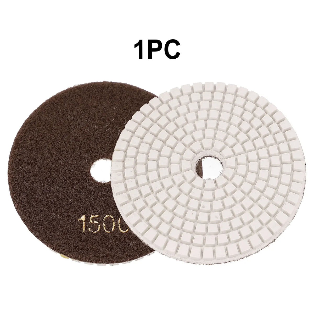 One piece of a diamond polishing pad set, showing a dark brown and a white grit pad.
