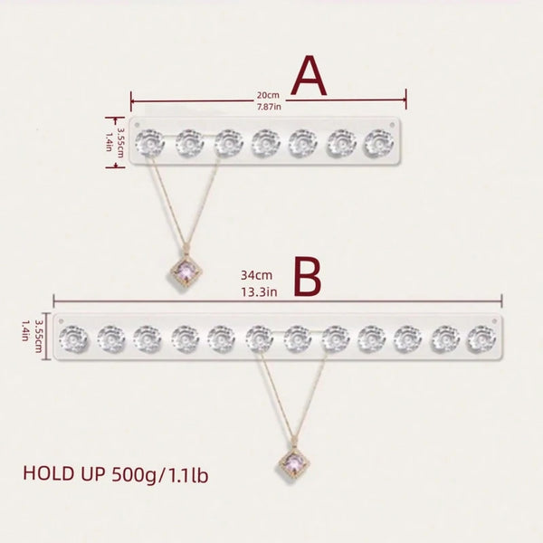 Two wall-mounted acrylic jewelry organizers showing different styles of crystal and diamond knobs.