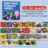 A set of Montessori high-contrast flash cards for baby visual stimulation featuring various animals and objects.