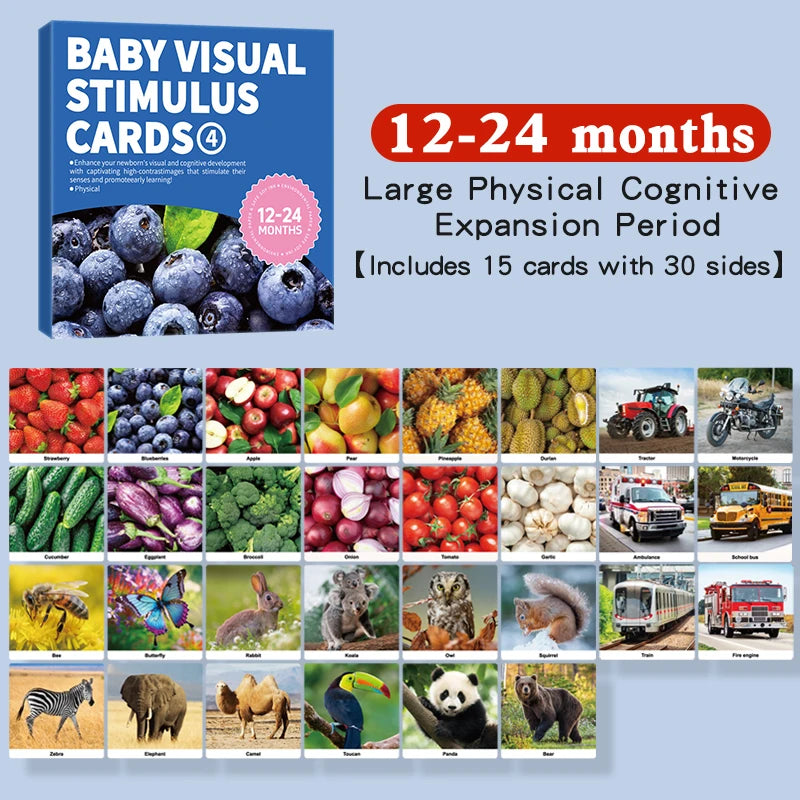 A set of Montessori high-contrast flash cards for baby visual stimulation featuring various animals and objects.