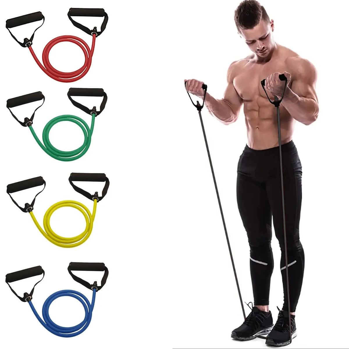 A collection of five colored resistance bands with handles, including red, green, yellow, and blue.