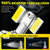 A close-up view of a bright yellow LED headlight bulb with a white housing and silver metal connector.