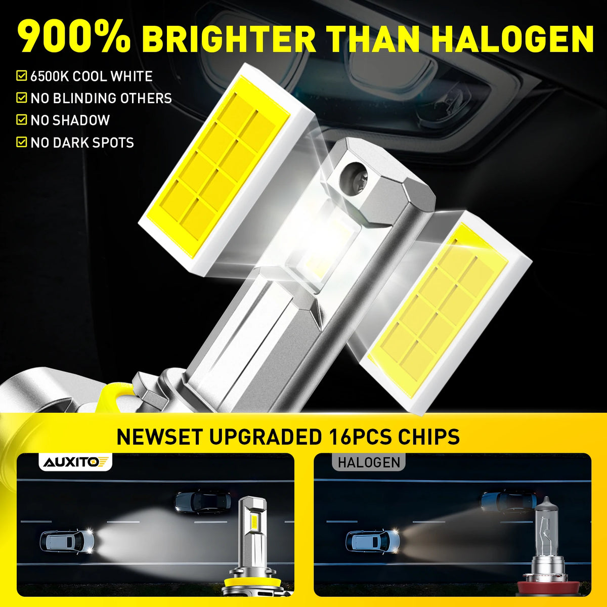 A close-up view of a bright yellow LED headlight bulb with a white housing and silver metal connector.