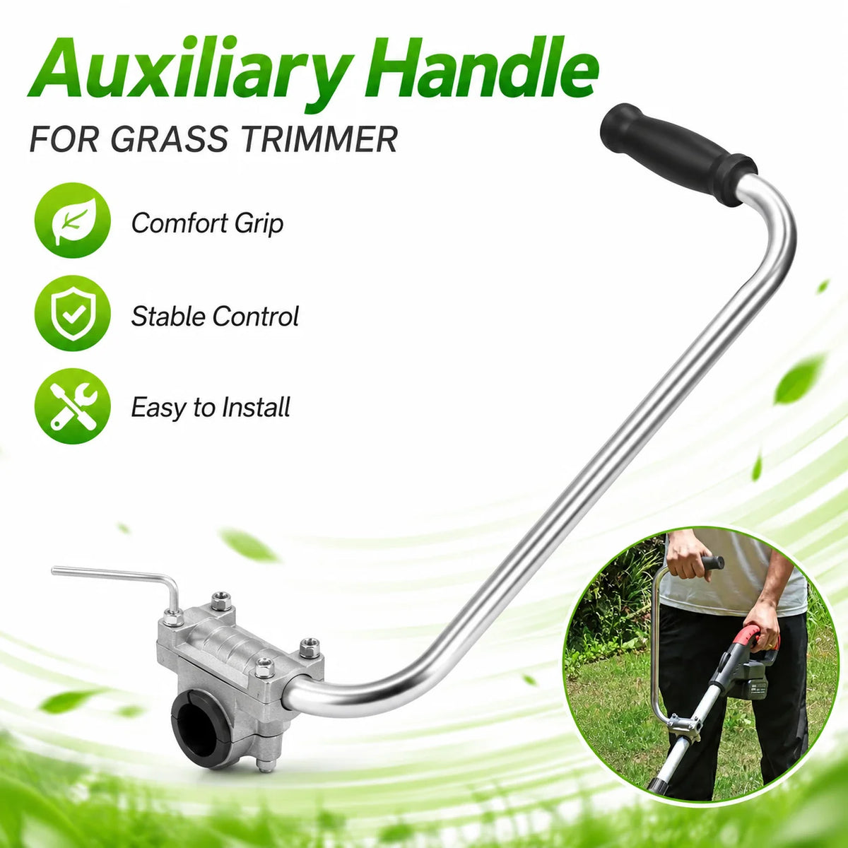 Silver auxiliary handle for a grass trimmer, designed for a comfort grip and stable control.