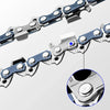 Close-up view of a replacement chainsaw chain with links and a blue indicator pin.