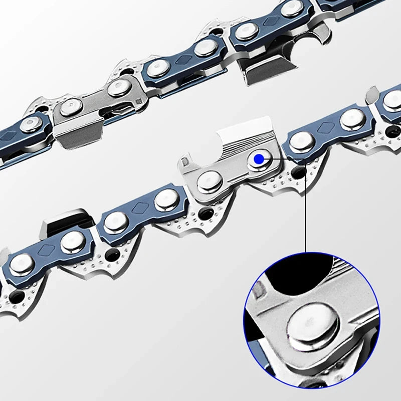 Close-up view of a replacement chainsaw chain with links and a blue indicator pin.