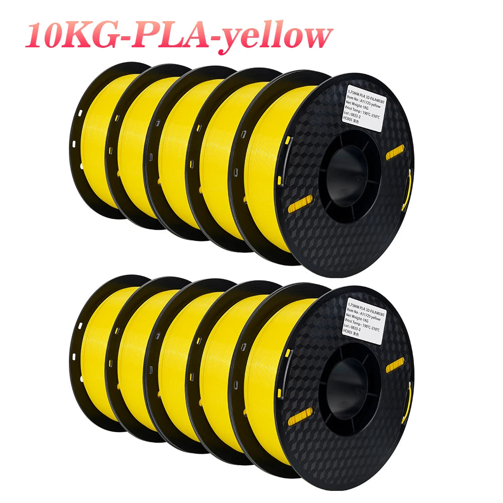 Bundle of ten yellow PLA filament spools for 3D printing