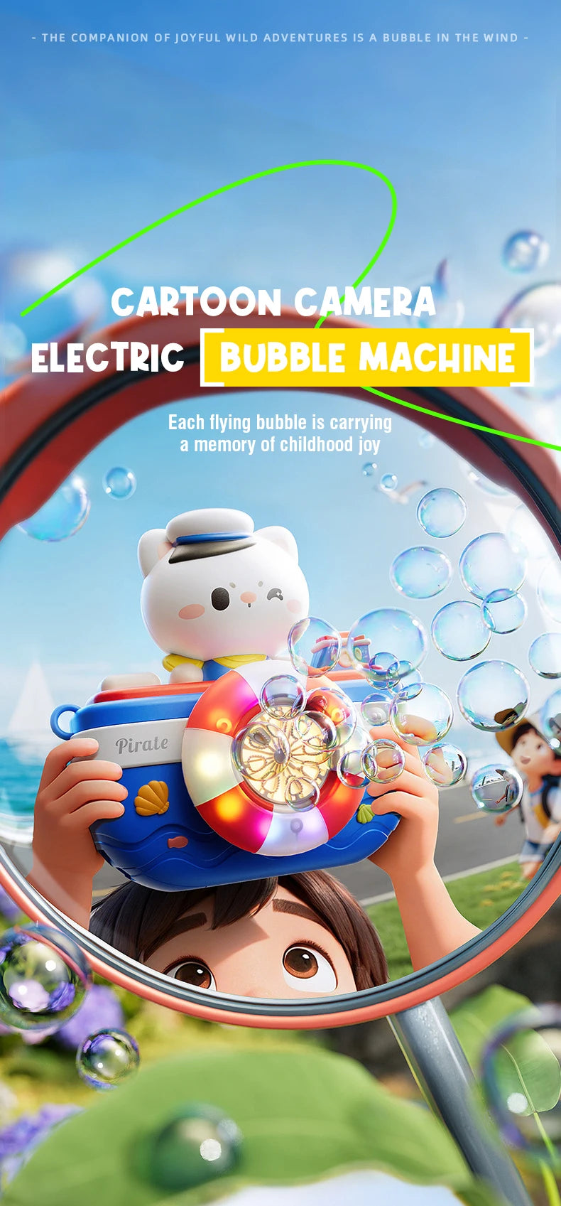 A child's hand holds a camera-shaped bubble machine with a floating white animal and colorful bubbles in a reflection.