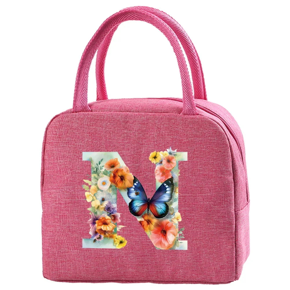 Insulated Canvas Lunch Bag with Butterfly Letter Pattern