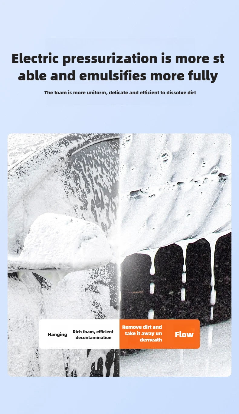 A close-up image showing the flow of foam from an electric pressurization device used for cleaning.