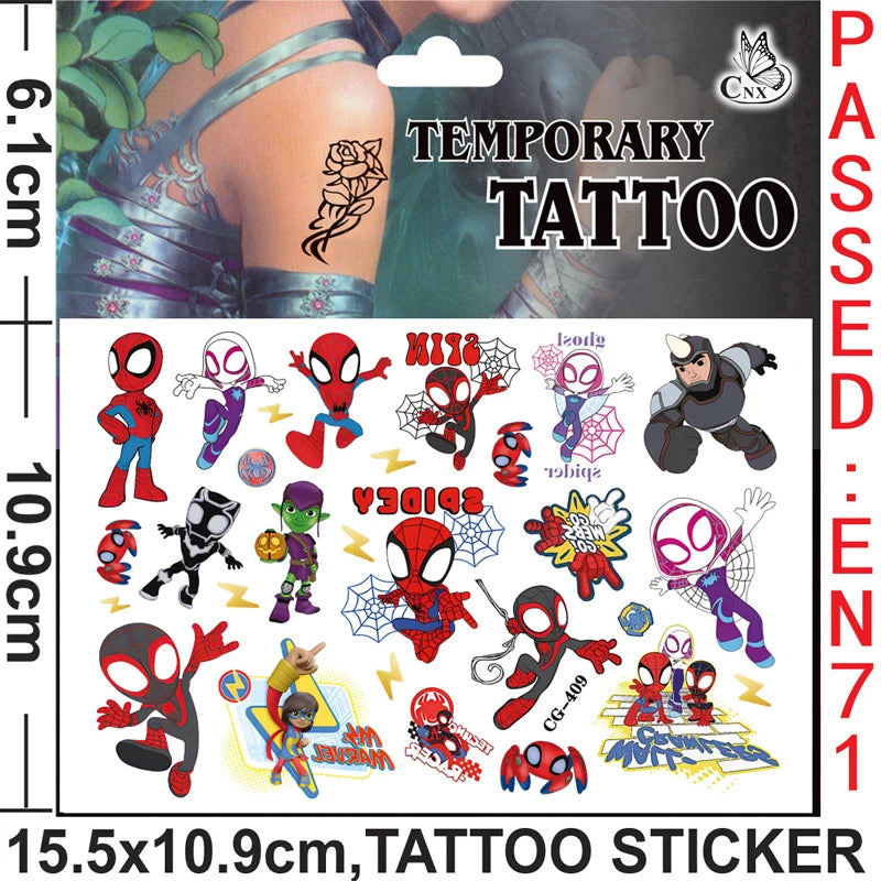 A package of temporary superhero tattoos featuring Spider-Man and other characters for kids