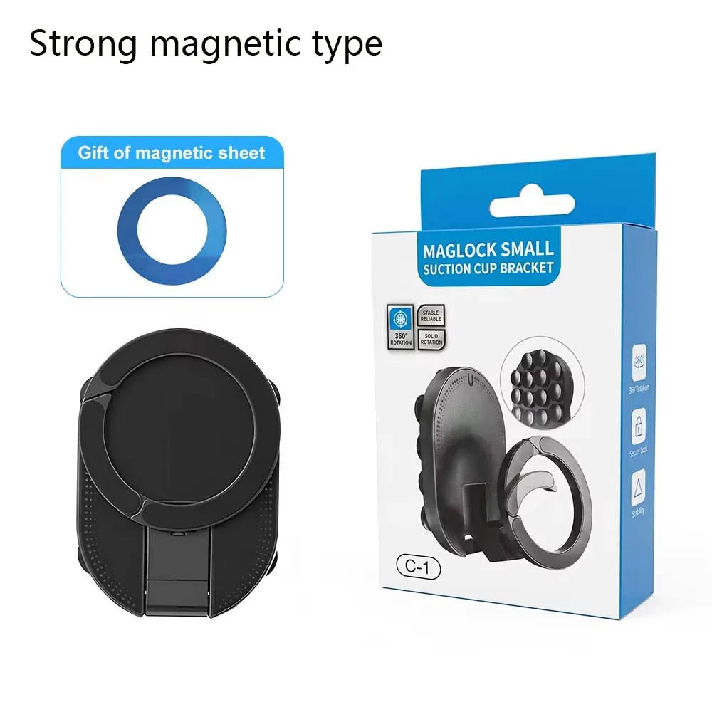 A black magnetic suction cup bracket for a phone or tablet, packaged in a blue box.