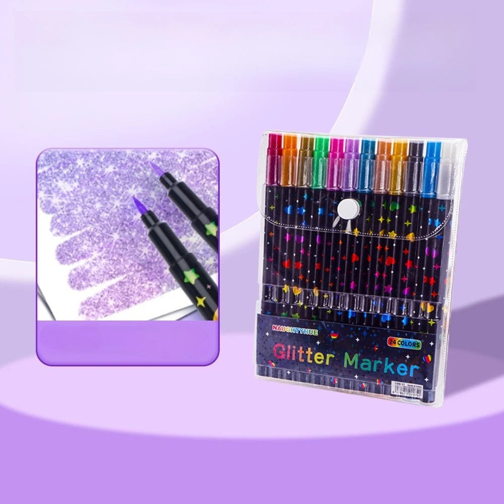 A plastic case of 24-color glitter markers with dual tips and glue ink for crafting projects.