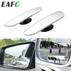 A white blind spot mirror for vehicles shown in various angles, including a side view and interior reflection.