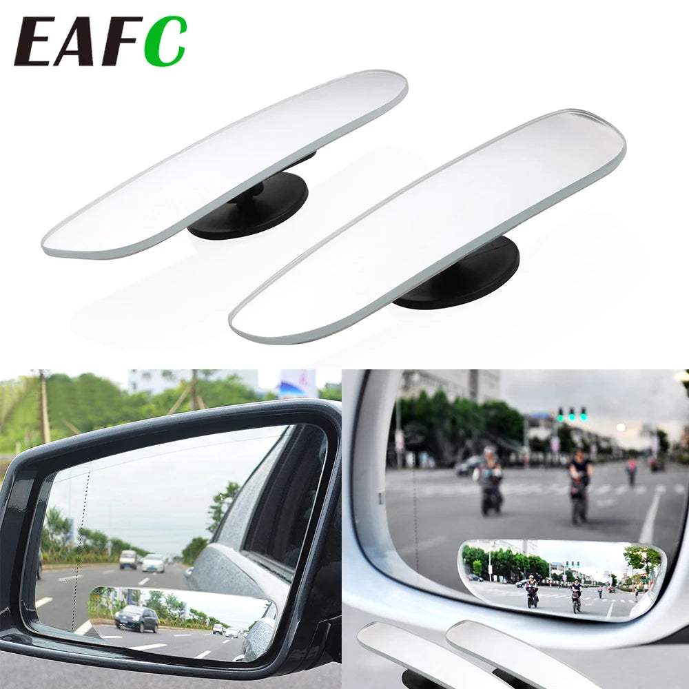 A white blind spot mirror for vehicles shown in various angles, including a side view and interior reflection.