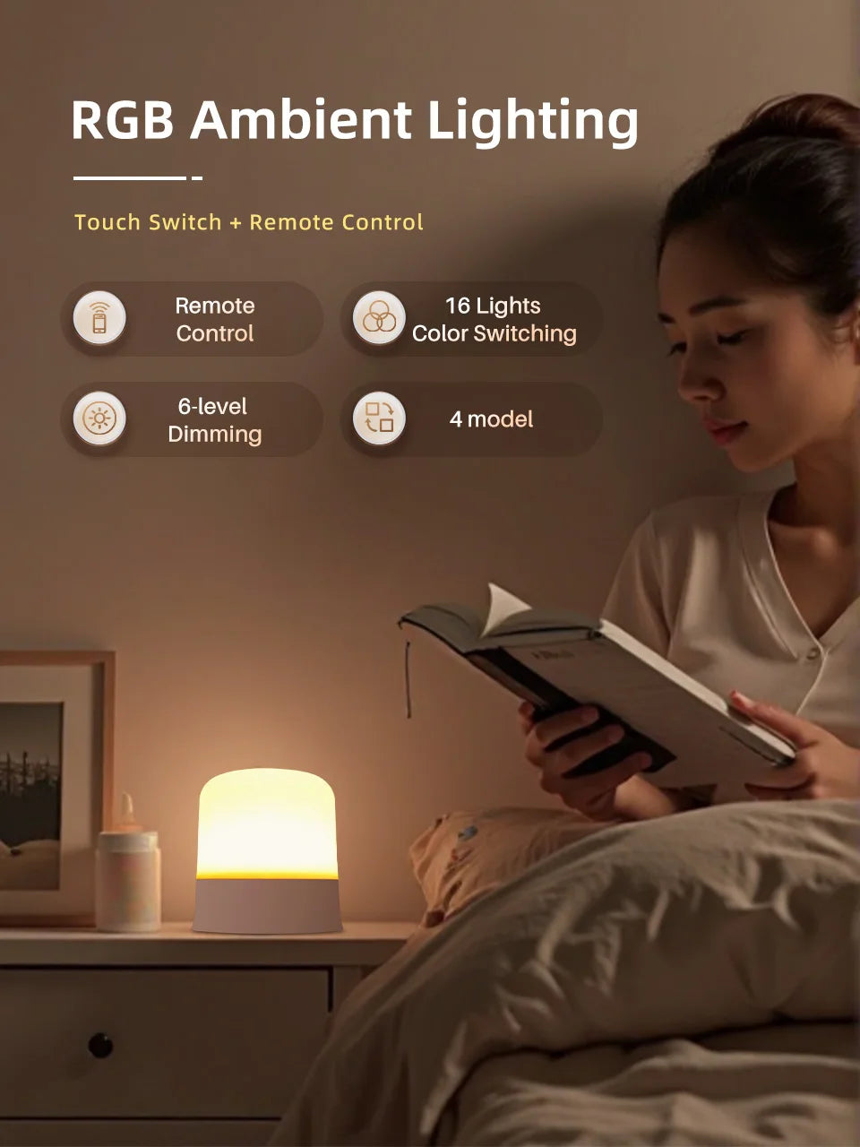 A woman is using a rechargeable touch and remote control RGB ambient lighting night light on a bedside table.