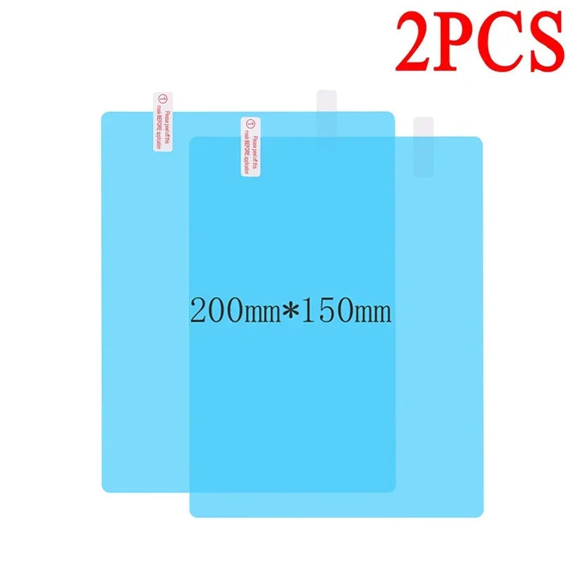 Two sheets of clear anti-fog and rain-repellent film for car mirrors, measuring 200mm by 150mm each.