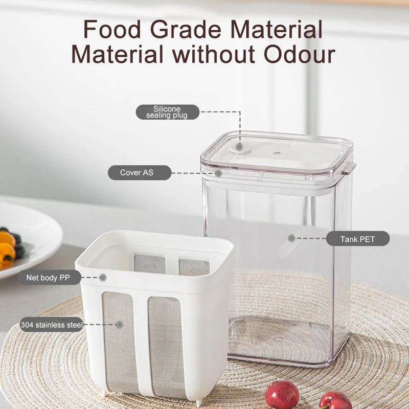 Clear plastic food grade material storage container with a silicone sealing plug and a white mesh body.
