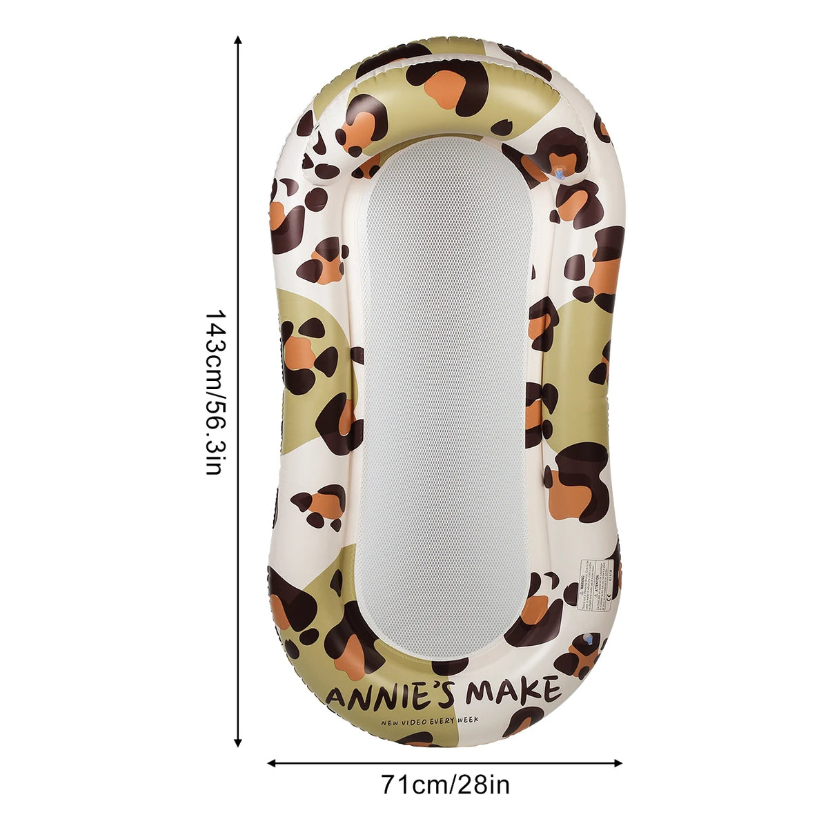 A beige inflatable pool lounger with a leopard print pattern for floating and relaxing.