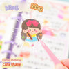 A cute, glitter material sticker shaped like a girl with dark hair and a pink bow, being applied to a page.
