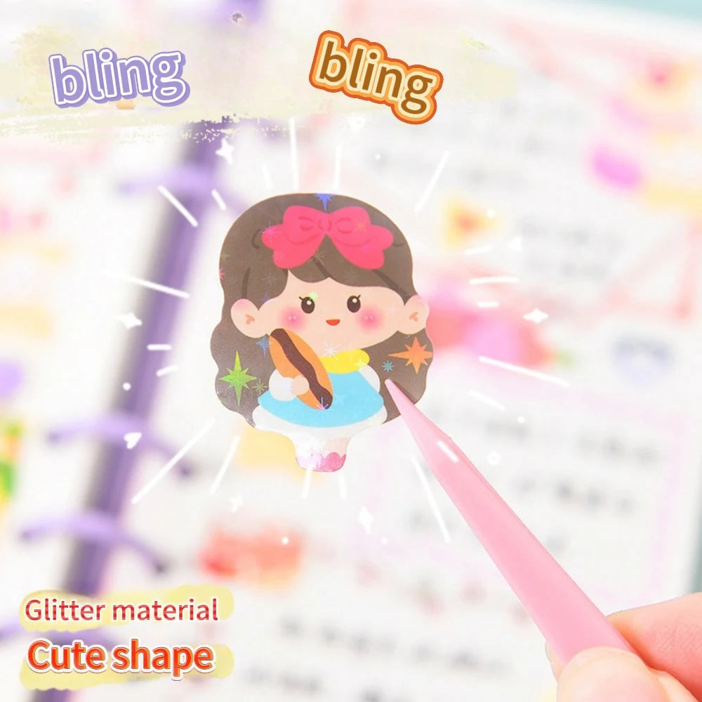 A cute, glitter material sticker shaped like a girl with dark hair and a pink bow, being applied to a page.
