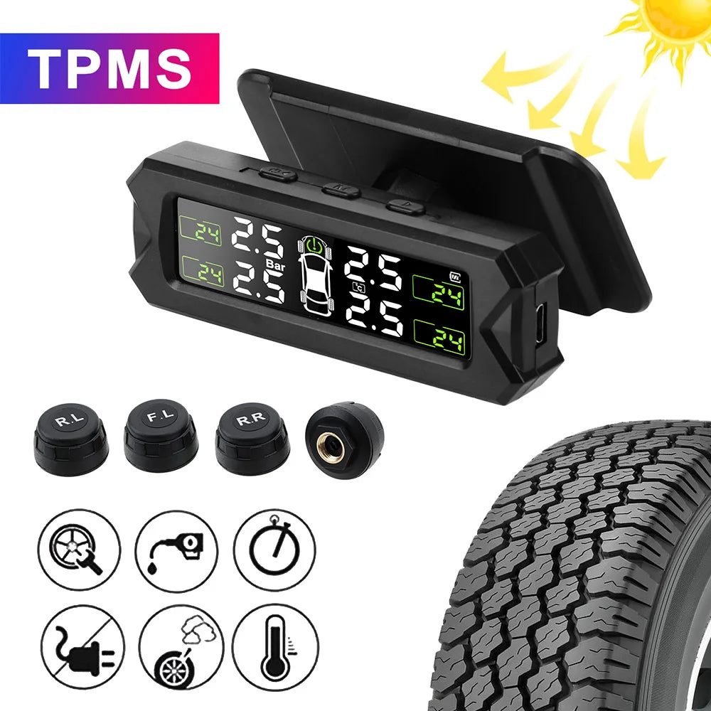 A black TPMS device is shown with a tire, various sensors, and icons for monitoring tire pressure.