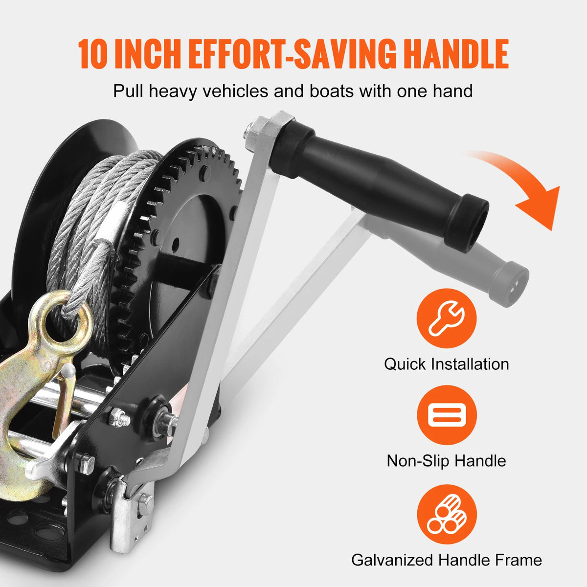 A close-up view of a 10 inch effort-saving handle on a heavy-duty hand winch with a galvanized frame and steel cable.