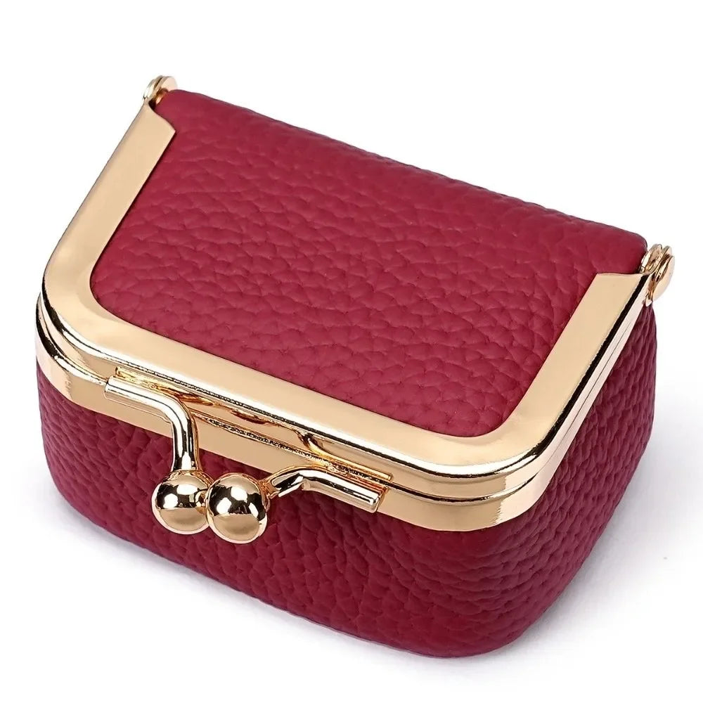 Genuine Leather Kiss Lock Coin Purse with Key Ring