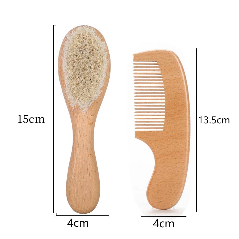 Natural Beech Wood Baby Brush and Comb Set with Soft Wool Bristles
