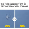 Comparison showing a damaged glass surface before and after repair using a patching effect.