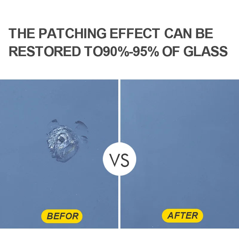 Comparison showing a damaged glass surface before and after repair using a patching effect.