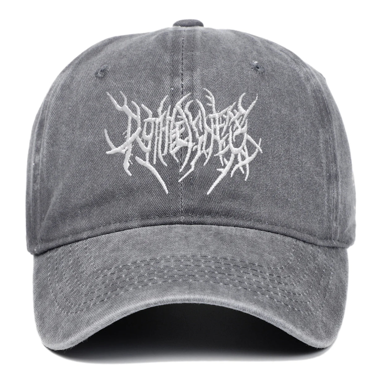 A gray baseball cap embroidered with white rock-style lettering.