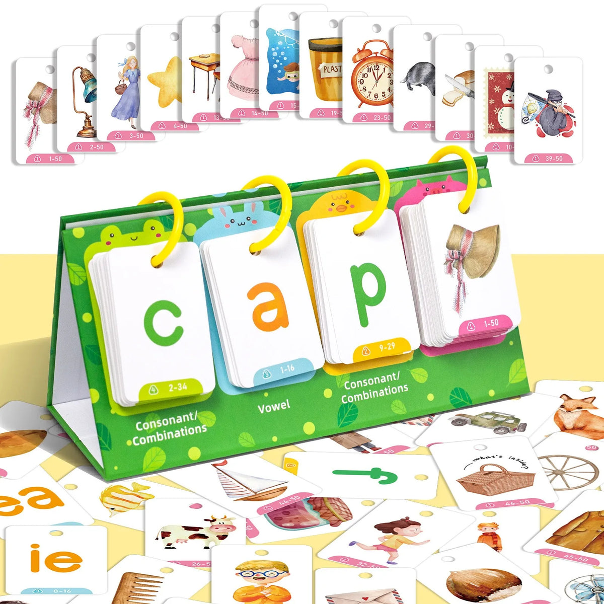 A green flip chart displaying various letters and phonetic sounds for English learning, including vowels and consonants.