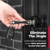 A hand holds an aluminum key clip with a carabiner hook next to a door lock.