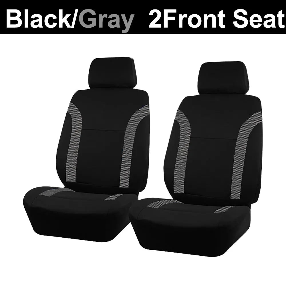 Black and gray two-front car seat cover set featuring a seat cushion and backrest.