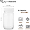 A clear glass juice bottle with a white cap, showing its dimensions and safety features.