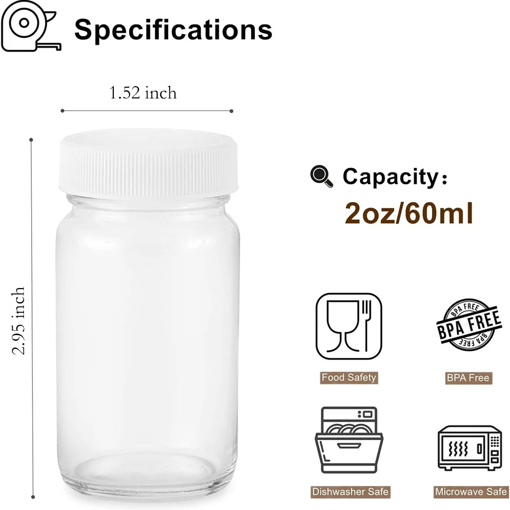A clear glass juice bottle with a white cap, showing its dimensions and safety features.