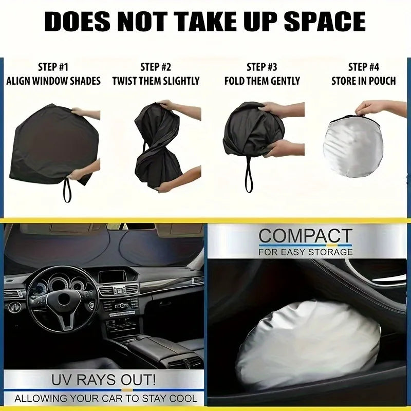 A folding car sunshade is shown being aligned, twisted, folded, and stored in a pouch, with an inset showing it inside a car.