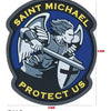 A round patch featuring the name Saint Michael and a depiction of an archangel with wings and a sword, designed for bags and 