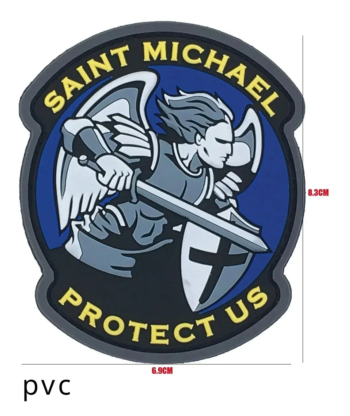 A round patch featuring the name Saint Michael and a depiction of an archangel with wings and a sword, designed for bags and 