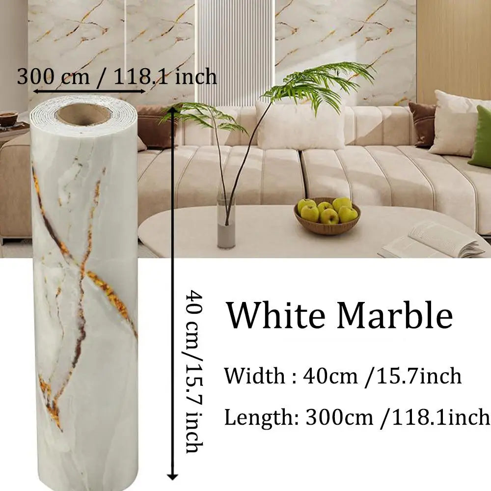 Roll of white marble self-adhesive sticker for walls, measuring 300cm long and 40cm wide.